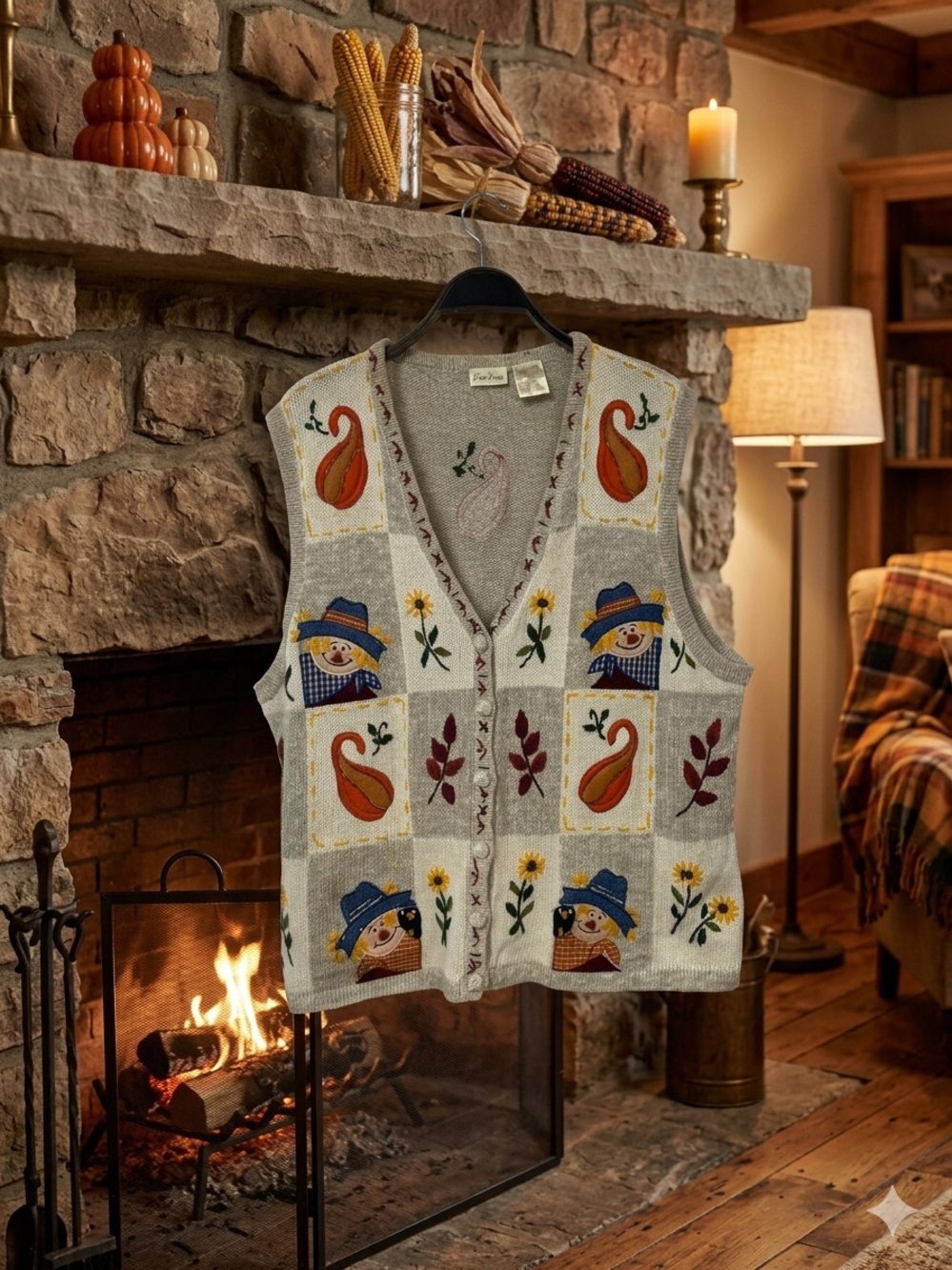 Vintage Embroidered Fall Patchwork Scarecrow & Gourd Knit Vest - Neutral